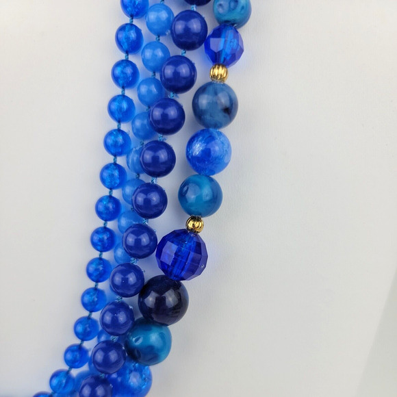 Vintage Blue Shades Bead Necklace 4 Strands Gold Tone Caps Graduated Round - Picture 3 of 12